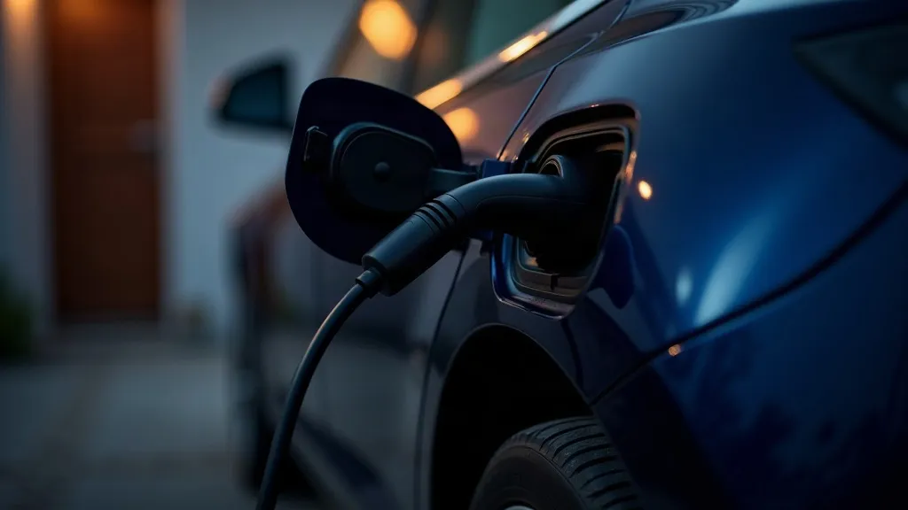 Charging cable plugged into an electric car in a home garage at night