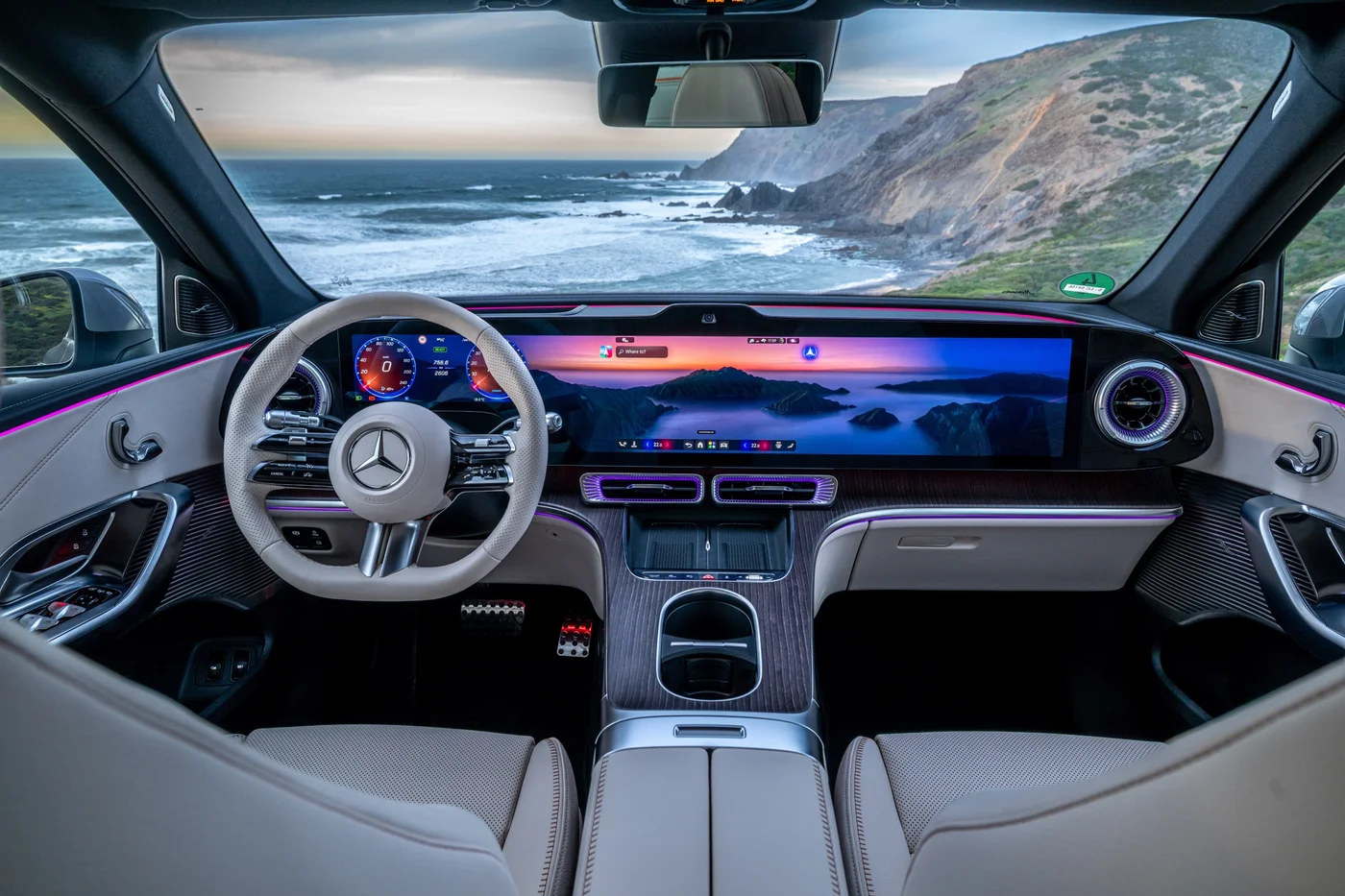Electric Mercedes GLC cabin with the MBUX Hyperscreen across the dashboard