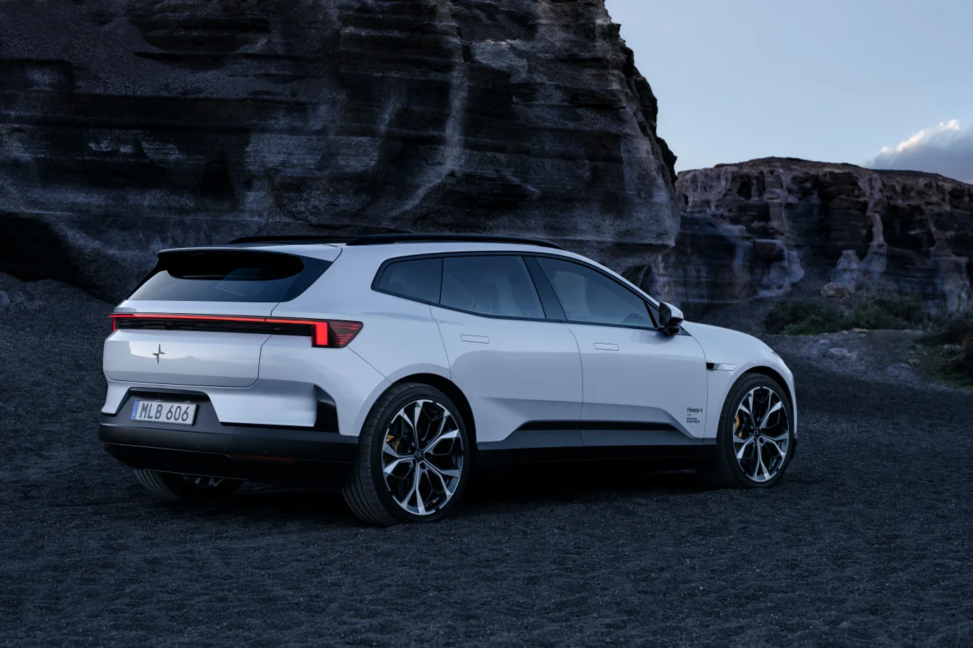 Polestar 4 SUV from the rear three-quarter, showing its rear window